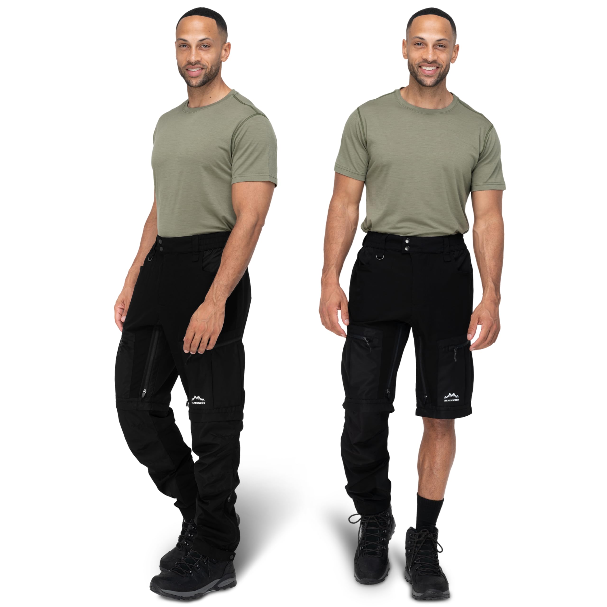 ALPENWERT Pantaloni da trekking da uomo con zip off, impermeabili, elastici con ventilazione, tasche laterali, tasca posteriore e custodia per cellulare, ideali per trekking ed escursioni [nero o