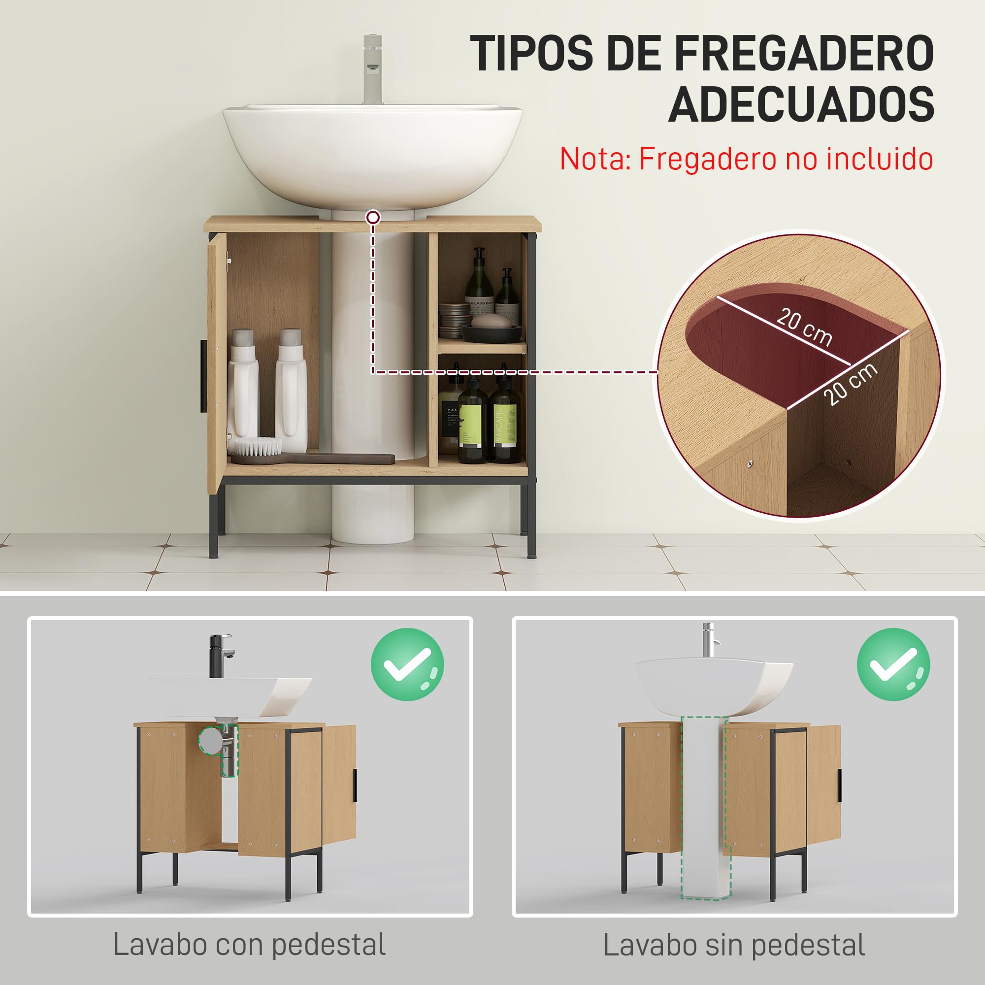 HOMCOM Mueble bajo Lavabo Mueble de Baño con Puerta y Estante Ajustable para Lavabo con Pedestal 60x30x59,5 cm Roble
