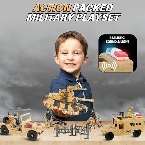 Miniatura 3 de Liberty Imports Juego de 42 piezas de zona de combate de juguete con base militar, lugar de batalla con tanques, barco, motocicleta, camiones,