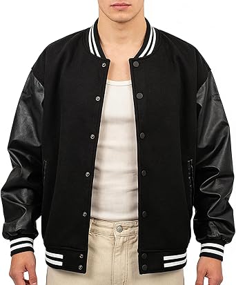 Mens Varsity Jacket Bomber Letterman Jacket Leather Sleeve Vintage Style Lightweight Outerwear
