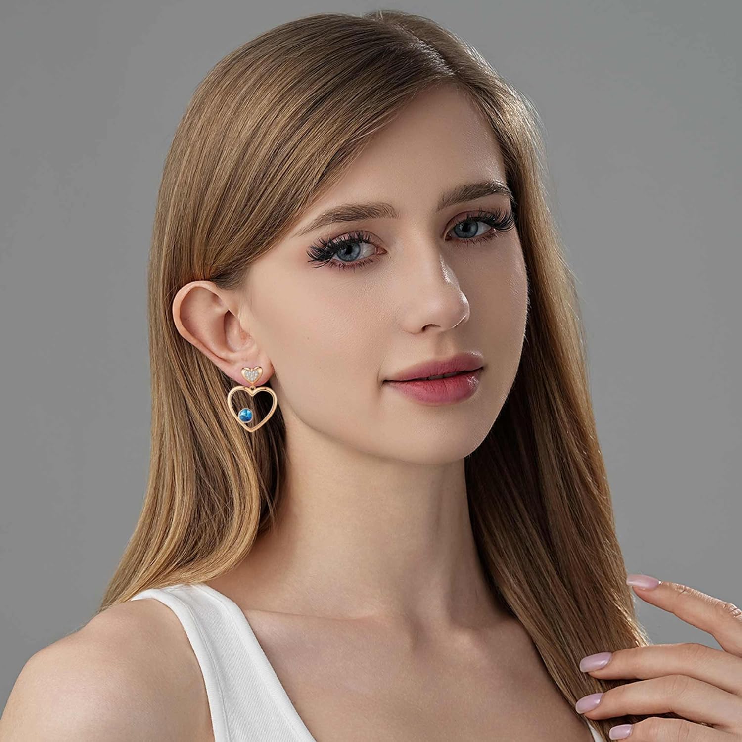 EVEVIC Austrian Crystal Double Gold Heart Dangle Earrings for Women 14K Gold Plated Hypoallergenic drop Earring Jewelry Gift - Image 2