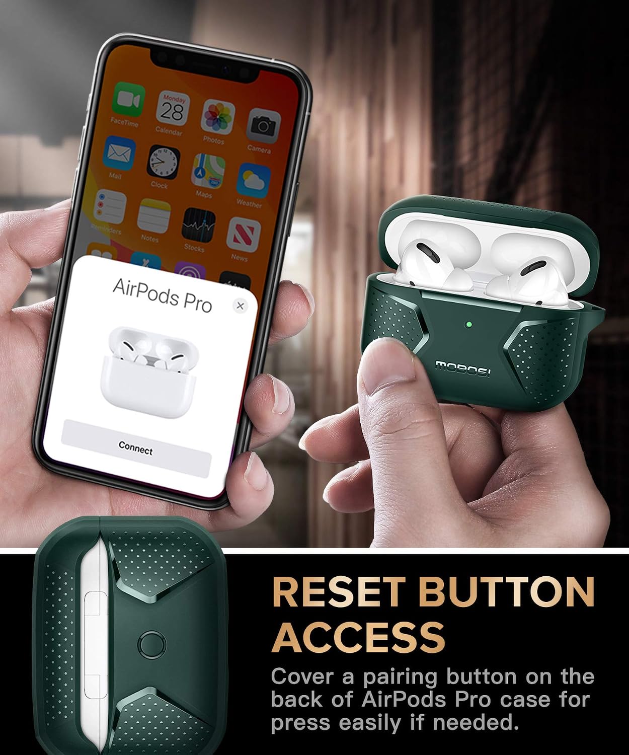 MOBOSI Net Series AirPods Pro Case Cover, Full-Body Rugged Shock Absorbing Protective Cover Case Skin with Carabiner for AirPod Pro Wireless Charging Case, Midnight Green [Front LED Visible]