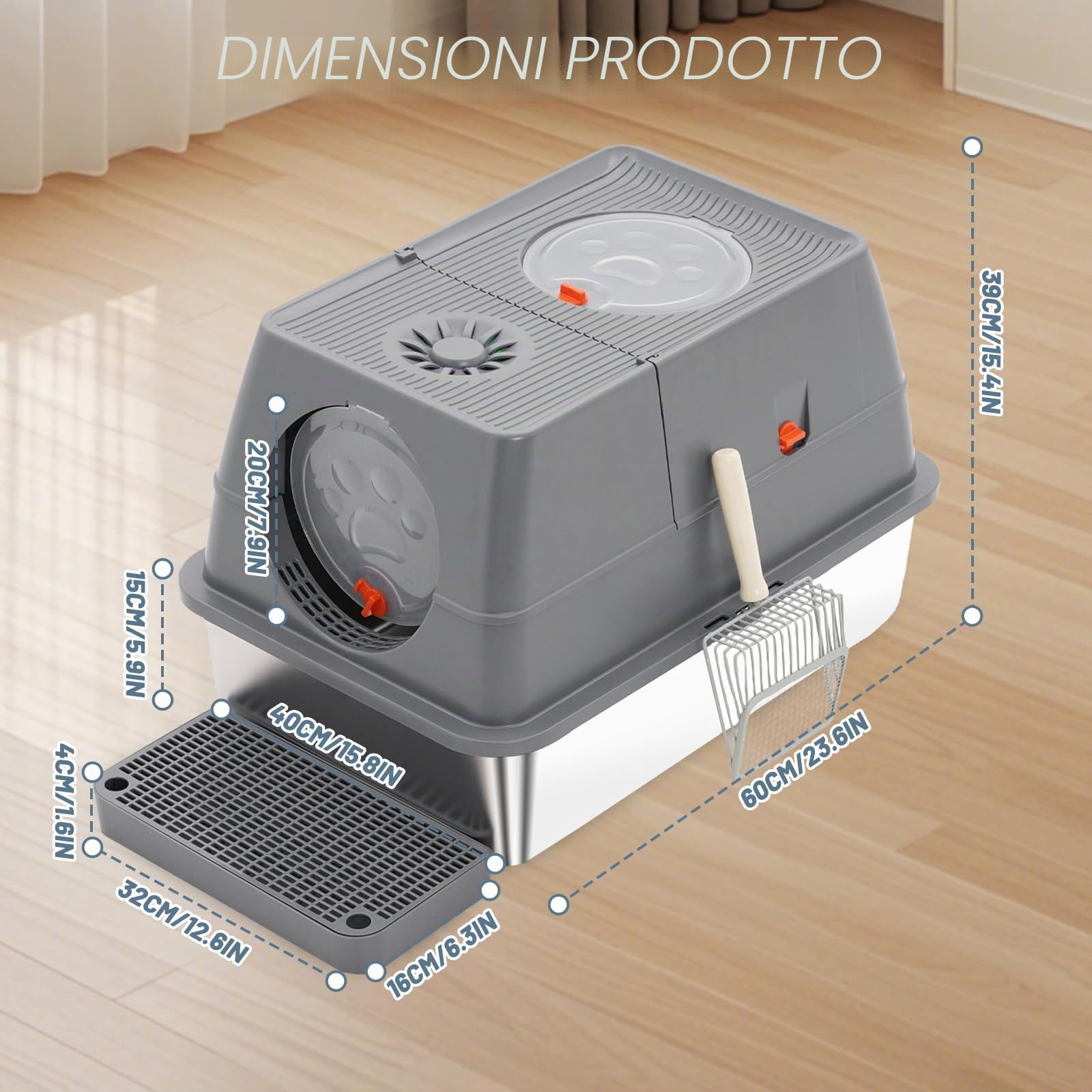 Lettiera Gatto Chiusa in Acciaio Inox XXL, Toilette Per Gatti, Vassoio con Paletta e Tappetino, Antiaderente, Bordo Alto, Per Gatti Grandi e Adulti, Facile da Pulire 60x40x40cm Grigio