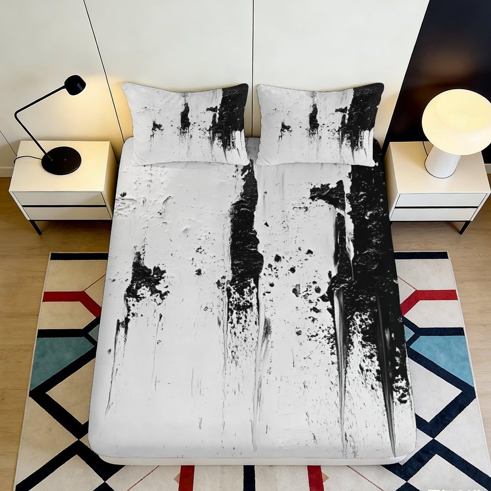 3D Printed Black Ink Splash Fitted Sheet Microfiber White Artistic Mattress Cover for Bedroom Guest Room Decor 90x200x25cm