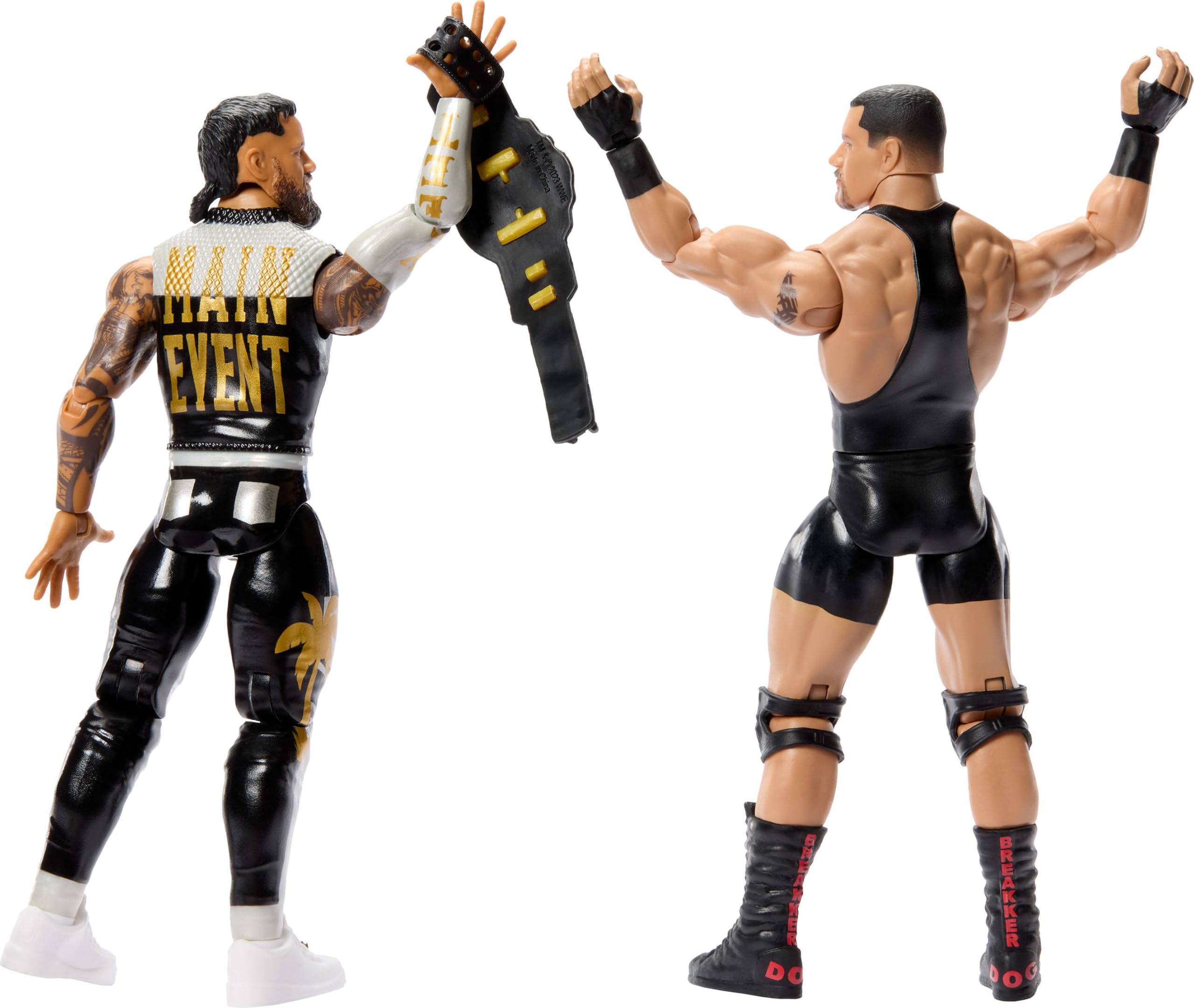 Mattel WWE Hauptkampf Showdown-Actionfiguren im 2er-Pack mit Zubehör, Serie #25 Bron Breakker gegen Jey USO, Sammelfigur-Set, ca. 15 cm groß, JHJ57, [Mehrfarbig]