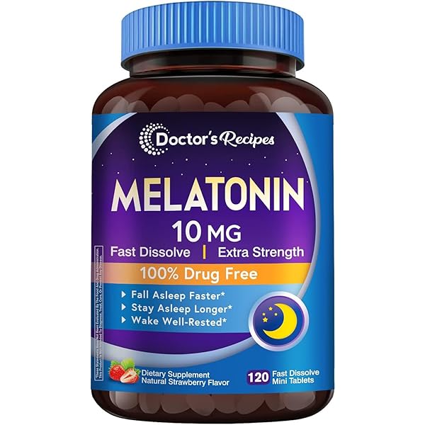 Doctors Recipes Melatonin 10 mg Fast Dissolve 120 Tablets, Natural Sleep Support, Promote Relaxation & Calmness, Non-GMO, Natural Strawberry Flavor, No Water Needed