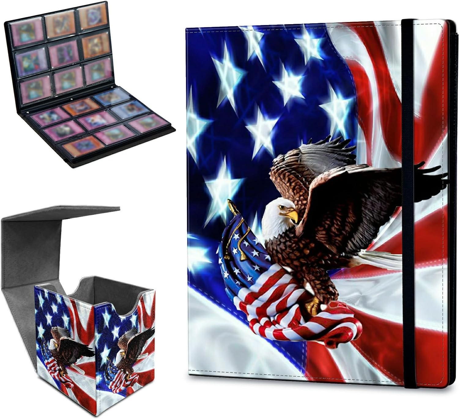 Trading Card Binder & Card Deck Box Set, Photo Card Binder 900 Pockets with 25 Pages, Business Card Holder Organizer for MTG TCG Sports Cards Collection Protection, Eagle on American Flag