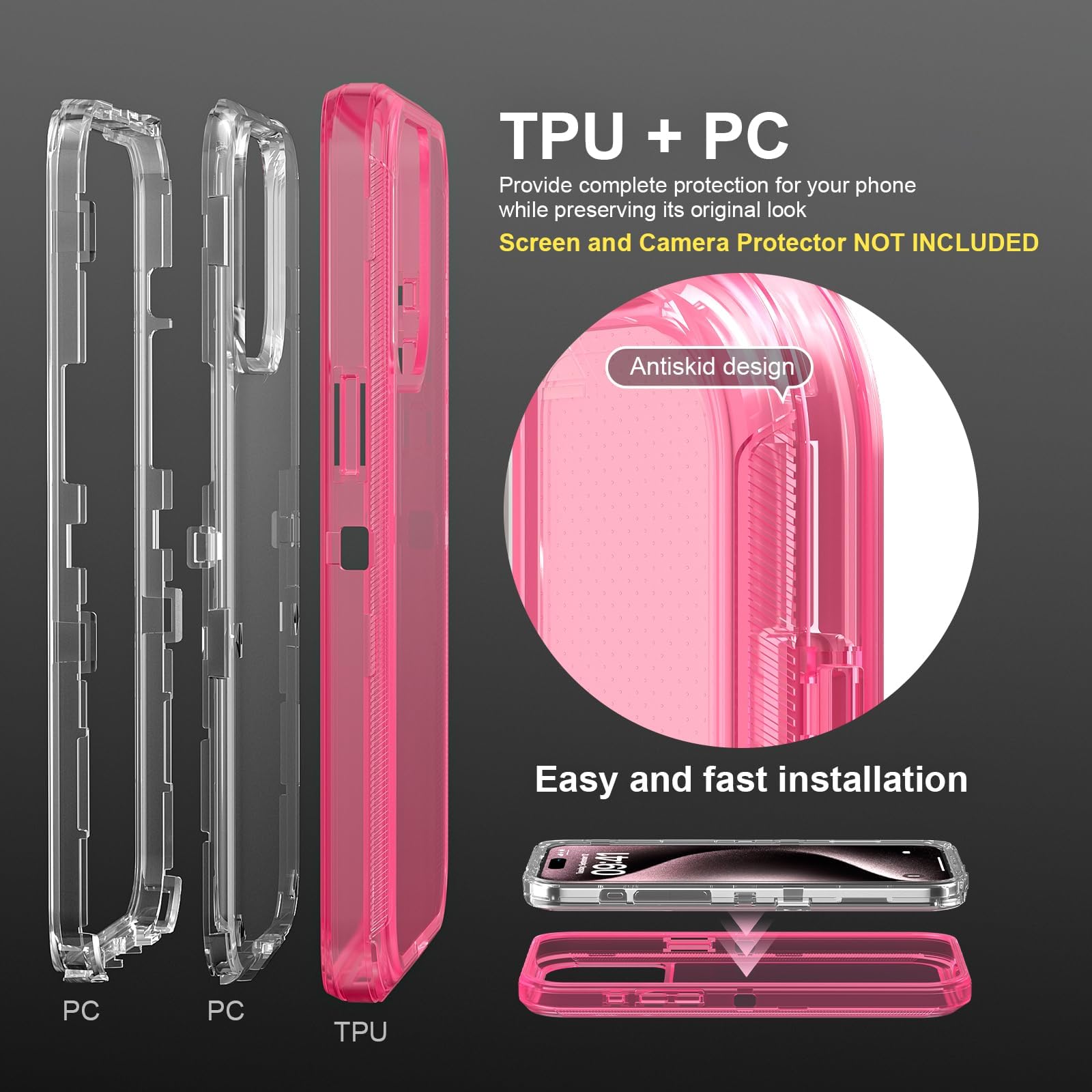 oma Funda para iPhone 15 Pro Max, anticaídas, resistente a los golpes, funda protectora transparente de múltiples capas compatible con iPhone 15 ProMax, 6.7 pulgadas, rosa cristal