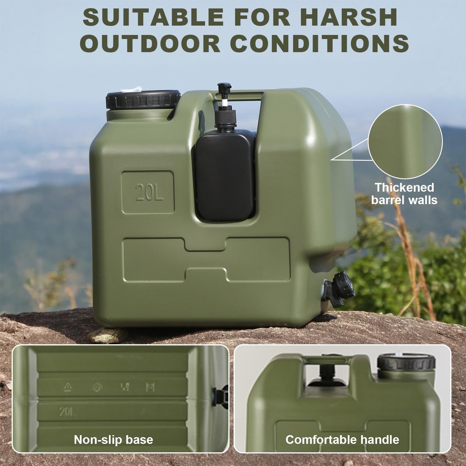 Réservoir d'eau portable – 20 L avec bouteille de savon pour les mains – Récipient d'eau de camping avec robinet | pour l'extérieur, randonnée, pique-nique, voyage, survie, voyage, voyage, chasse