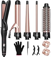 Lopeie 5-in-1 Curling Iron Set: Thermal Brush, 4 Ceramic Barrels (0.5-1.5"), Flat Iron, 30s Fast Heat, Dual Voltage - Versatile Hair Curler for Women