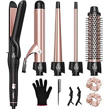 5 in 1 Curling Iron with Thermal Brush and 4 Interchangeable Ceramic Barrels(1/2 to 1 1/2 inch), Curling Wand Set with Flat Iron, Fast Heating, Dual Voltage Hair Curler, Gifts for Women