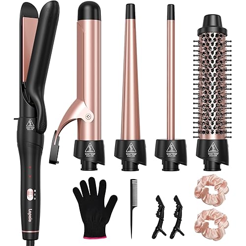 5 in 1 Curling Iron with Thermal Brush and 4 Interchangeable Ceramic Barrels(1/2 to 1 1/2 inch), Curling Wand Set with Flat Iron, Fast Heating, Dual Voltage Hair Curler, Gifts for Women