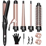 5 in 1 Curling Iron with Thermal Brush and 4 Interchangeable Ceramic Barrels(1/2 to 1 1/2 inch), Curling Wand Set with Flat Iron, Fast Heating, Dual Voltage Hair Curler, Gifts for Women