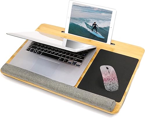 Escritorio de regazo para laptop con cojín, organizador de espacio de trabajo de bambú con almohada, soporte para teléfono y tableta, para cama,