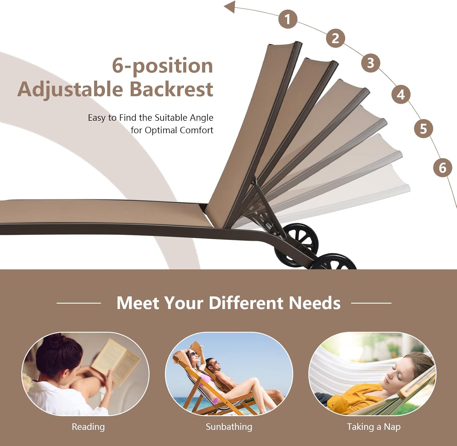 Giantex Patio Lounge Chairs for Pool Area, Outdoor Chaise Lounger with 6 Adjustable Position Smooth Wheels and Quick-Drying Fabric, Lawn Recliner for Backyard, Garden Sunbathing Chair (2, Brown)