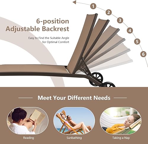 Miniatura 4 de Giantex Sillas de patio para zona de piscina, tumbona para exteriores con 6 posiciones ajustables, ruedas lisas y tela de secado rápido, sillón