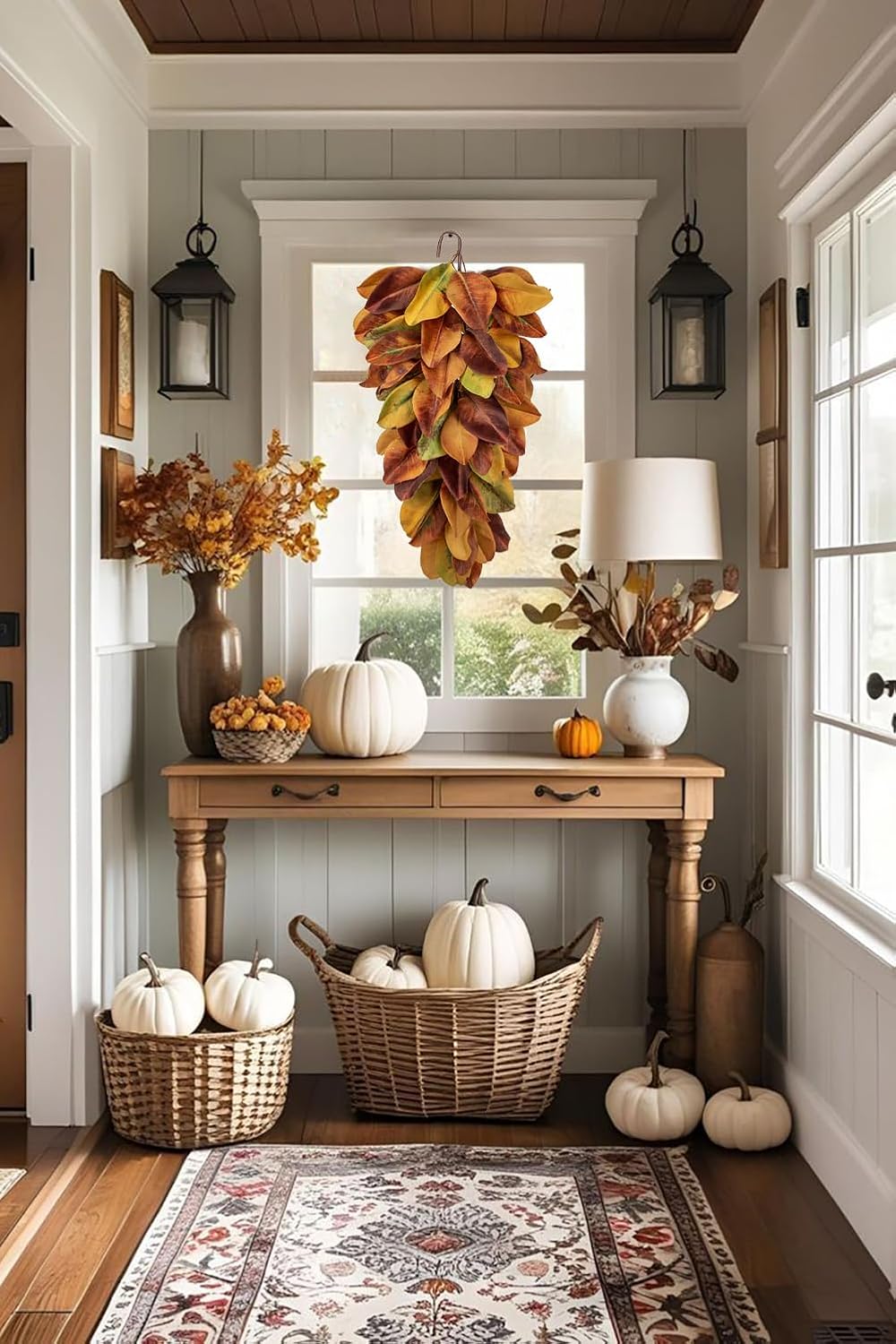 Autumn Foliage Teardrop Swag for Front Door – 27" Artificial Magnolia Leaf Garland Hanging Decoration – Fall Door, Thanksgiving Mantel & Wall Décor - Image 4