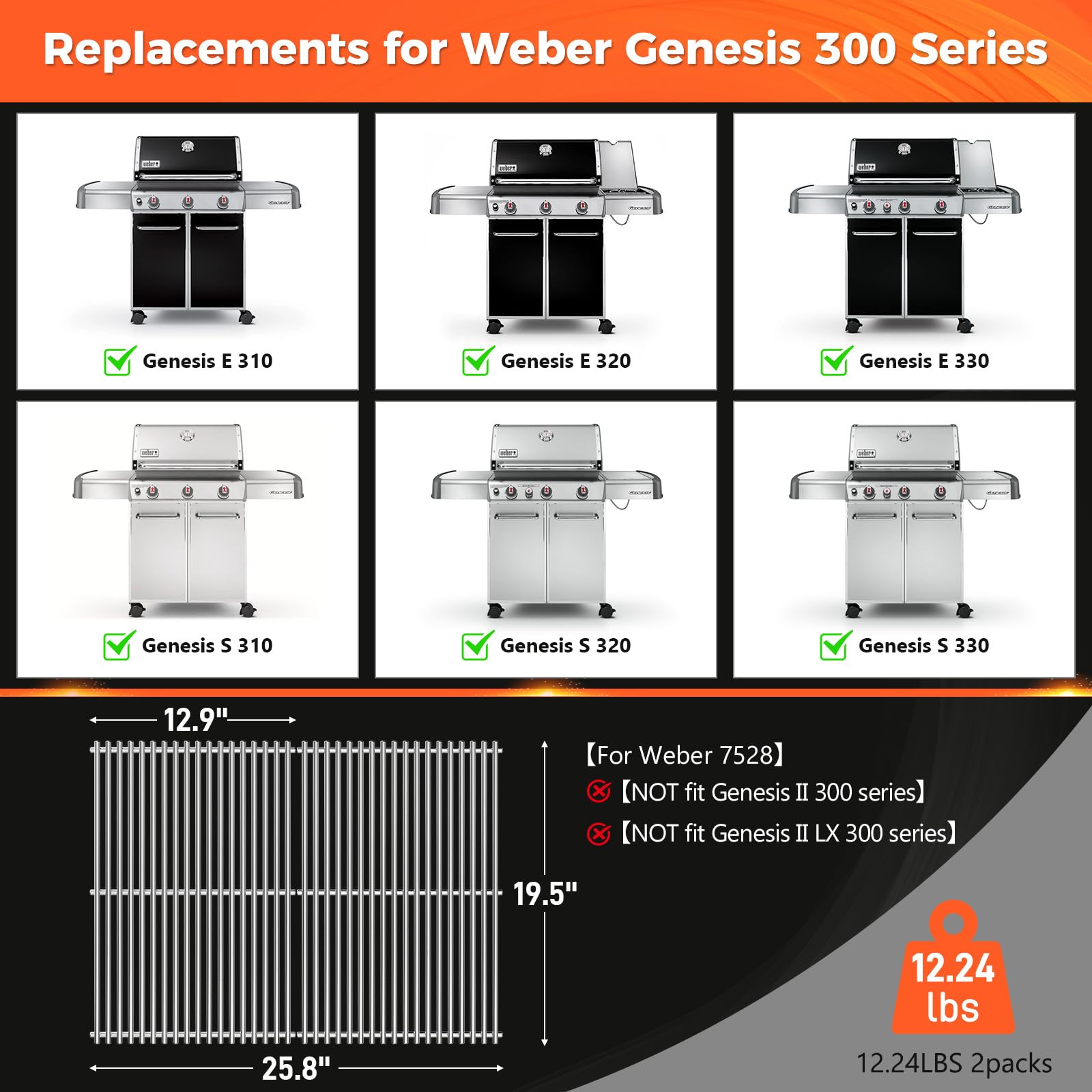QuliMetal 7528 Grille de Cuisson pour Weber Genesis E/S-310 320 330, Ne Convient Pas à Genesis II/LX E310/340, S340, 49,5 x 33 cm Accessoire de pièces de Rechange pour Genesis
