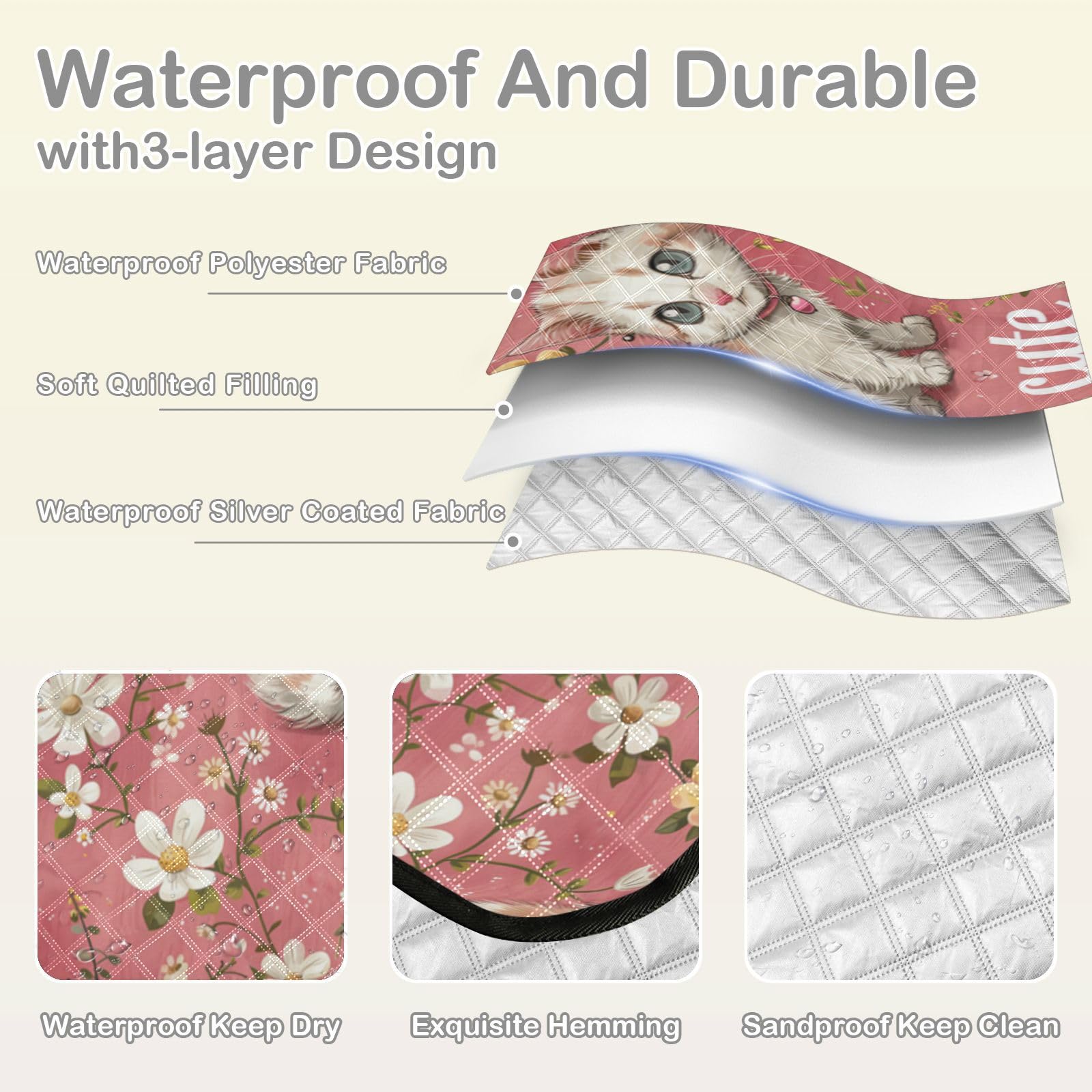 Uroczy brzoskwiniowy kot kwiat pakowalny koc piknikowy duży podróżny mata plażowa dla kobiet na zewnątrz