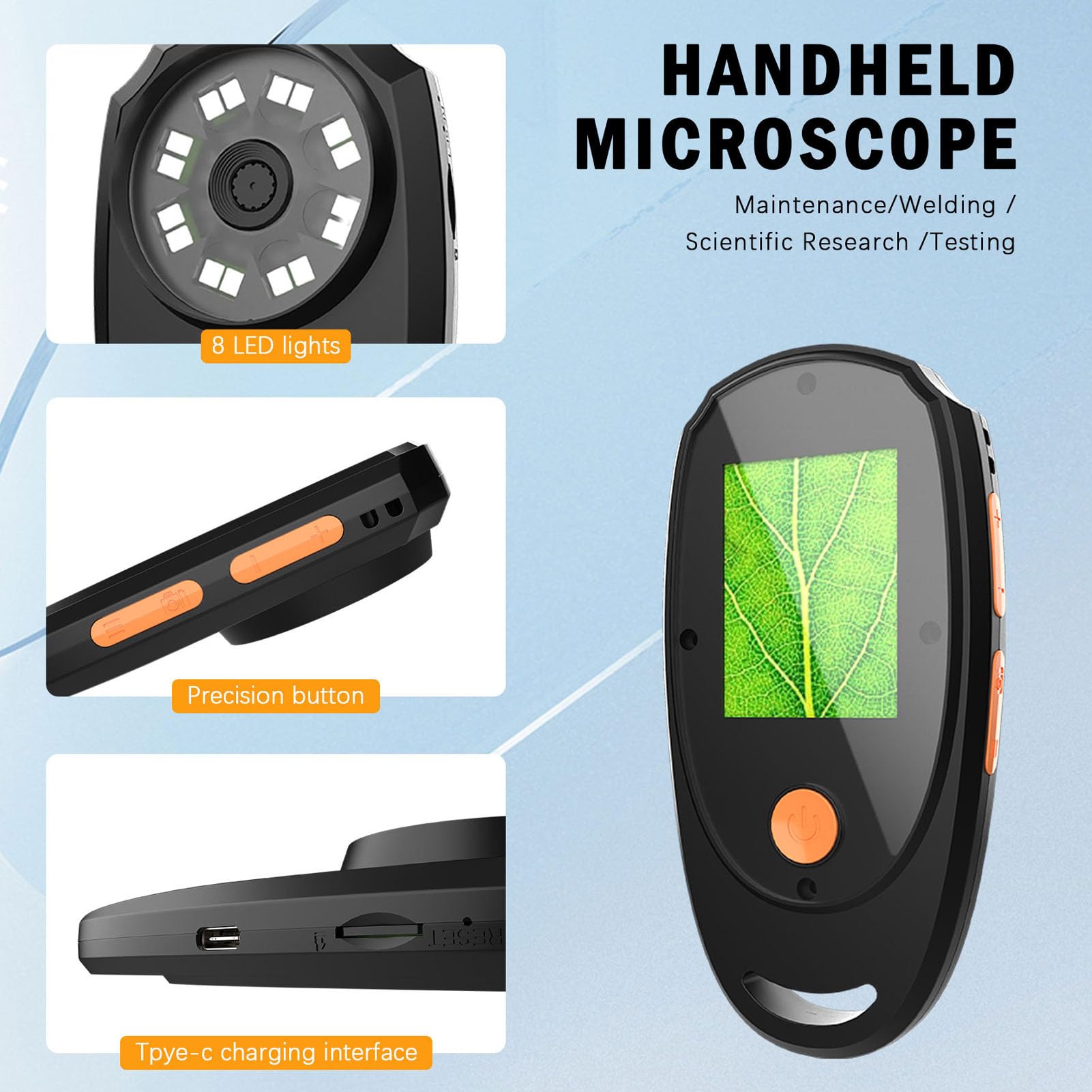 Handheld Digital Microscope with 2.0 Inch IPS Color Screen, Portable Magnifying Glass for Kids, 500x Magnification, 8 Adjustable LED Lights, USB Compatible with PC and OS