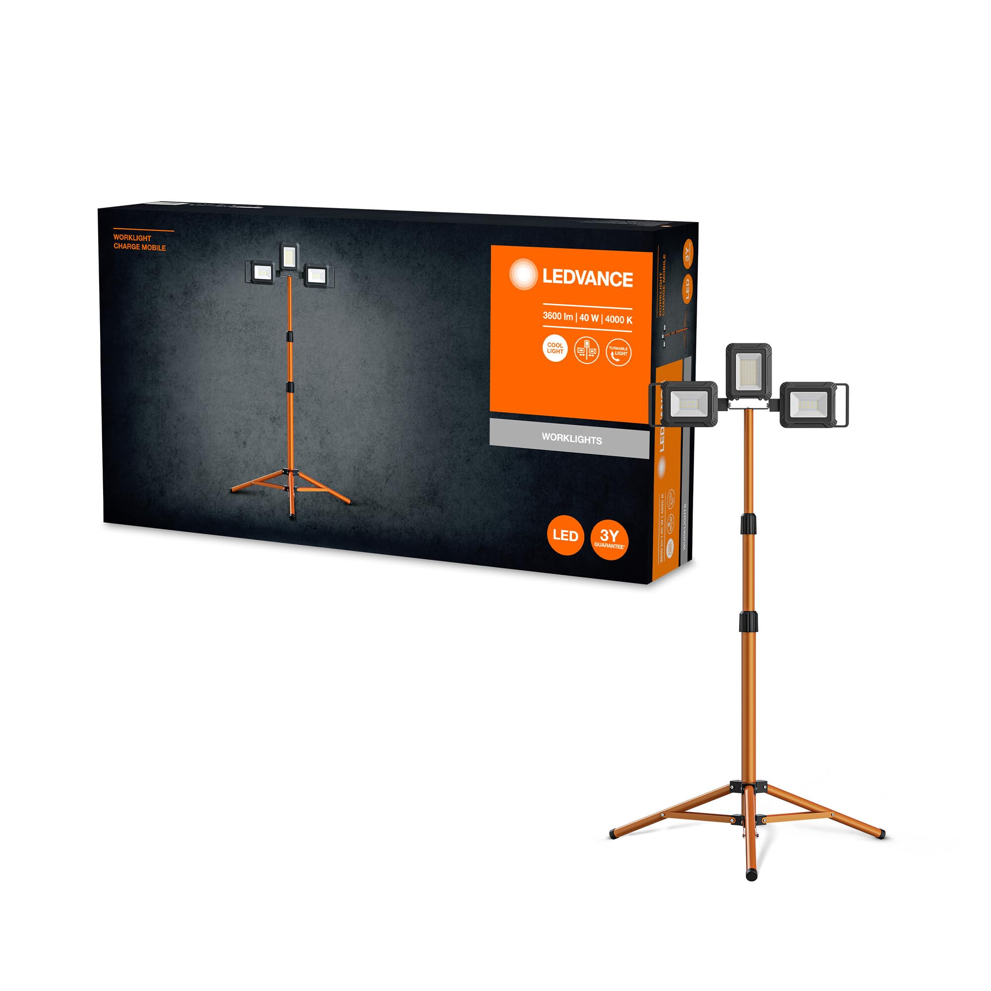 LEDVANCE Worklight LED Tripod - Arbeitslicht mit Stativ, zentraler Fluter mit 30W und zwei abnehmbaren Akku Strahlern 5W, IP54, 3280 Lumen, 4000K kaltweiß, Rotationswinkel 360°