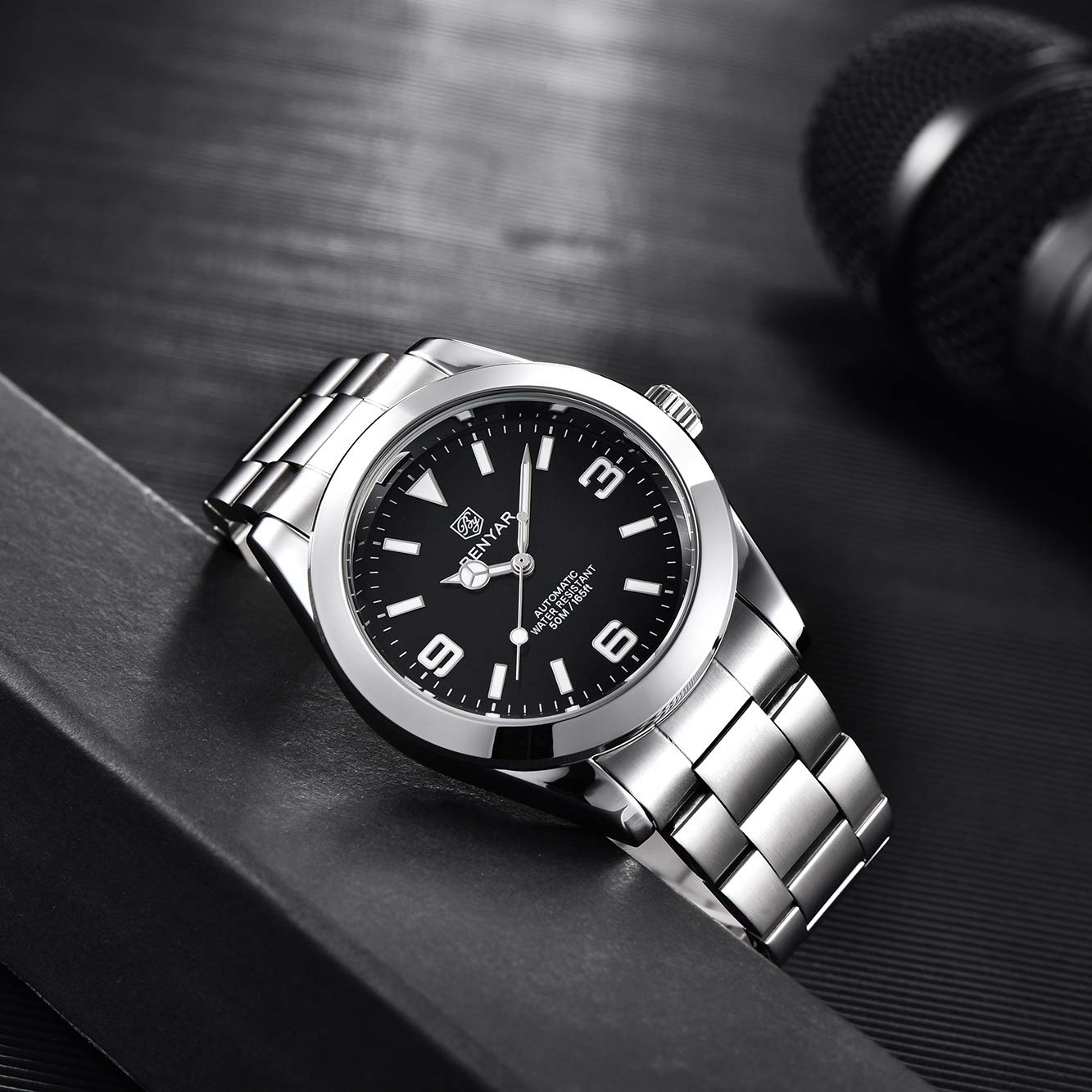 Benyar Elegante Reloj mecánico automático de 41MM para Hombre, con Correa de Acero Inoxidable Impermeable, Luminoso Reloj de Pulsera analógico