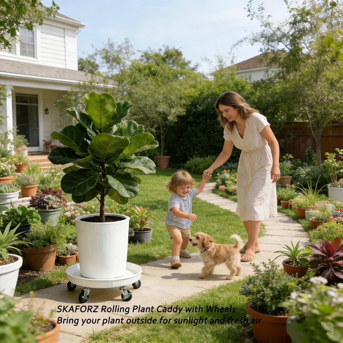 Rolling Planter Caddy(470lbs Capacity), Heavy Duty Metal Plant Stand with Brake Wheels Plant Dolly Mover Plant Pot Tray Saucer for Indoor Outdoor 18inches White