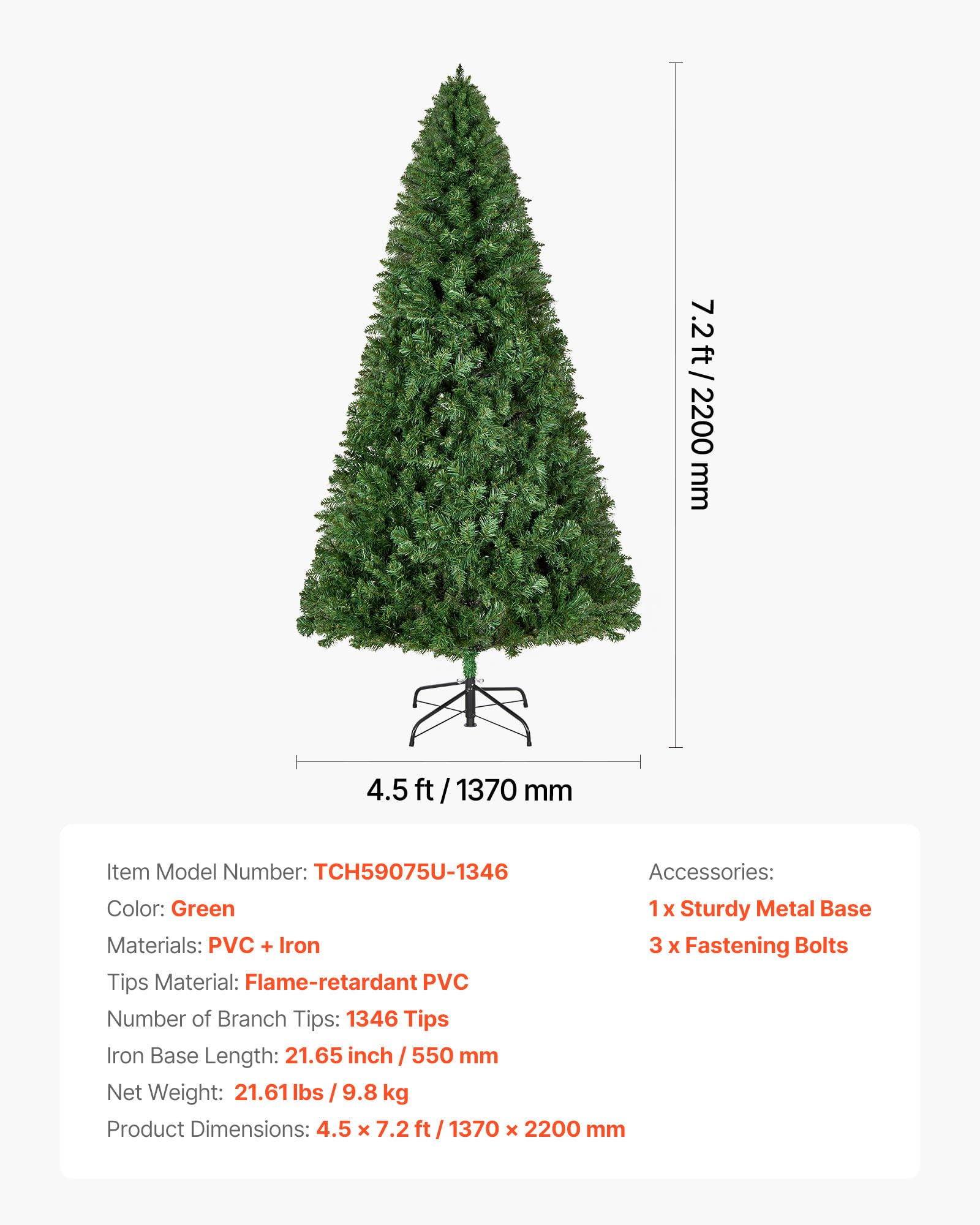 VEVOR Sapin de Noël Artificiel 220 cm, Arbre Artificiel de Noël Décoration Intérieur avec 1346 Branches PVC, Base en Métal, Arbre Décoratif pour Salon, Chambre, Centre Commercial, Parc, Bureau, Vert