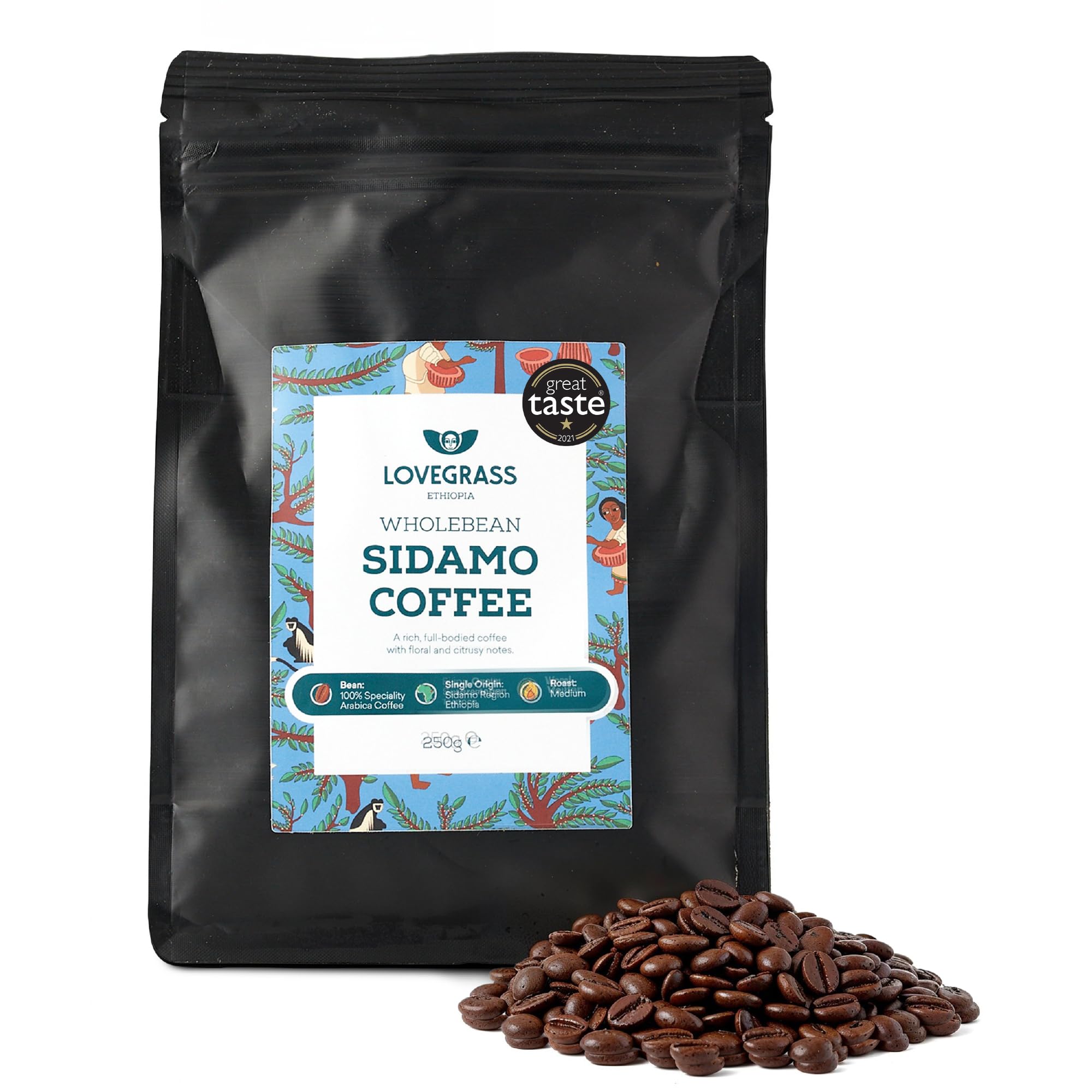 Lovegrass Ethiopia Whole Arabica Coffee Beans | Award Winning Single Origin Sidamo | Medium Roast 250g | Great Taste Star Award 2021