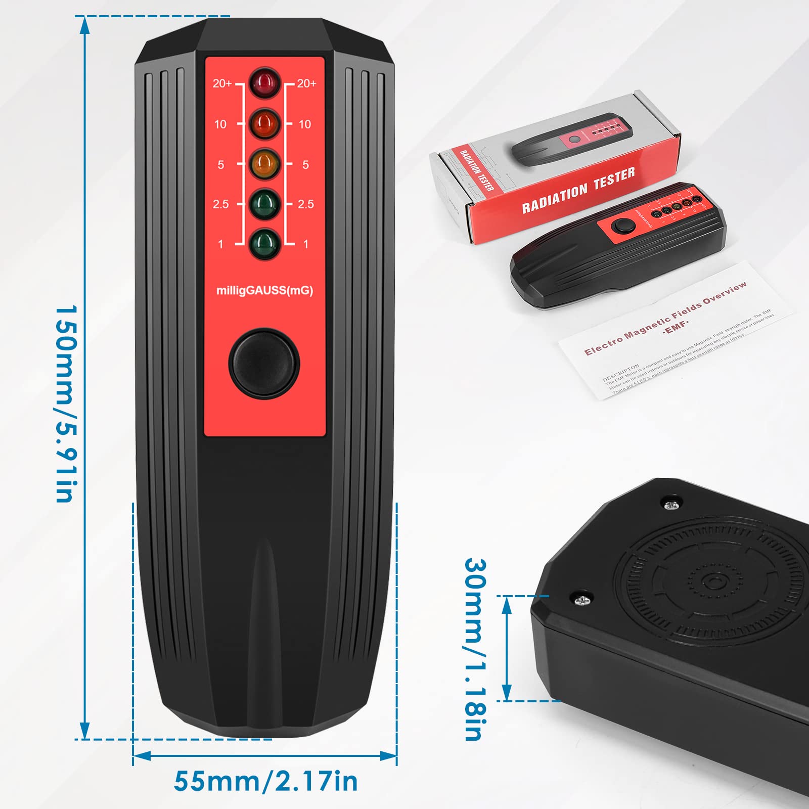 EMF Meter High Accuracy Electromagnetic Field Radiation Detector Battery Powered EMF Detector Paranormal Equipment Tester for Home Inspections Construction Ghost Hunting (Black Interior Red)