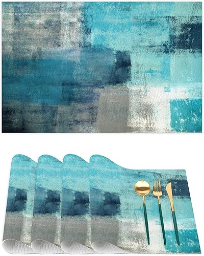 Miniatura 3 de Juego de 4 manteles individuales color turquesa y gris, moderno, abstracto, lavable, resistente al calor, de plástico, PVC, antideslizante, lavable,