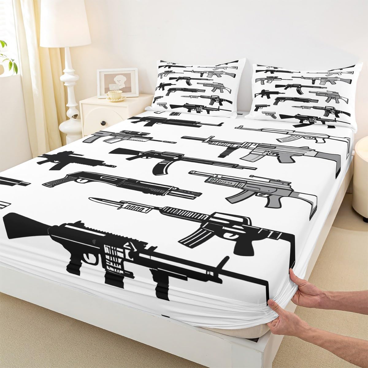 Feelyou Gun Bed Sheets Set Soft Deep Pocket Bedding Queen Size Includes 1 Fitted Sheet & 2 Pillowcases (No Flat Sheet)