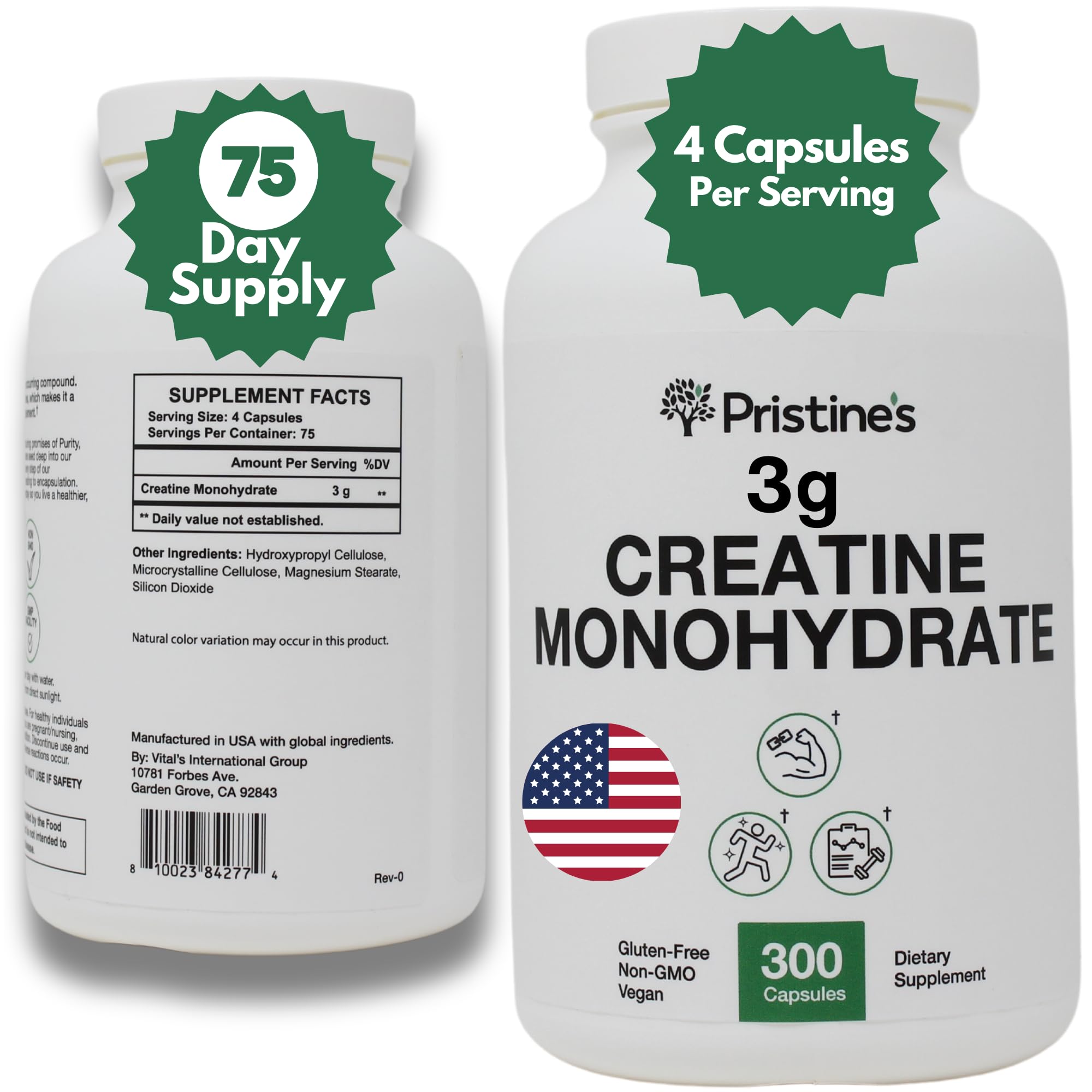 PRISTINE'S Creatine Monohydrate 3000MG Muscle Growth Support Supplement Capsules - 75 Day Supply - Athletic Performance & Cognitive Function Support - Enhanced Recovery