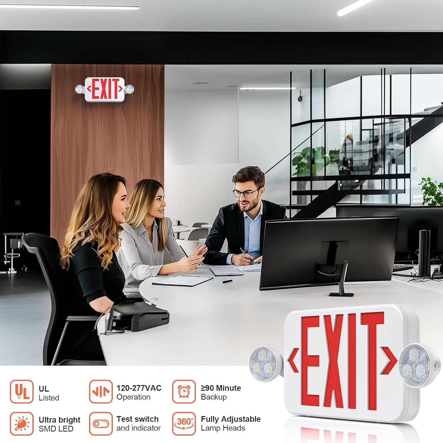 Led Exit Sign Emergency Light Combo Adjustable Two Head,Double Sided and Battery Backup Exit Light,Red Letter Hardwired Emergency Exit Sign,AC 120/277V,UL Listed,Ceiling&Wall Mount (6 Pack)