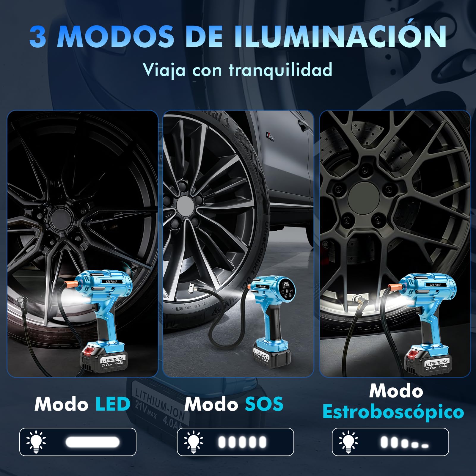 Inflador Ruedas Coche Portatil 150PSI con Batería Extraíble de 21V | Compresor Aire Inalámbrico, Apagado Automático, con Pantalla LCD, Luz LED para Coches Motos Bicicletas Pelotas