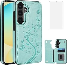 Asuwish Phone Case for Samsung Galaxy S24 FE 5G with Tempered Glass Screen Protector and Card Holder Wallet Cover Stand Flip Leather Cell Accessories S 24 EF S24FE 24S Cases Women Girls Green