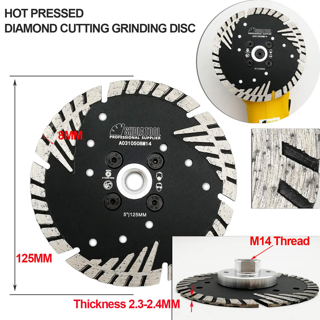 SHDIATOOL Diamentowe ostrze do cięcia z turboskośną ochroną zęby 2 szt. 125 mm x M14 do betonowej cegły granitowej marmuru muru