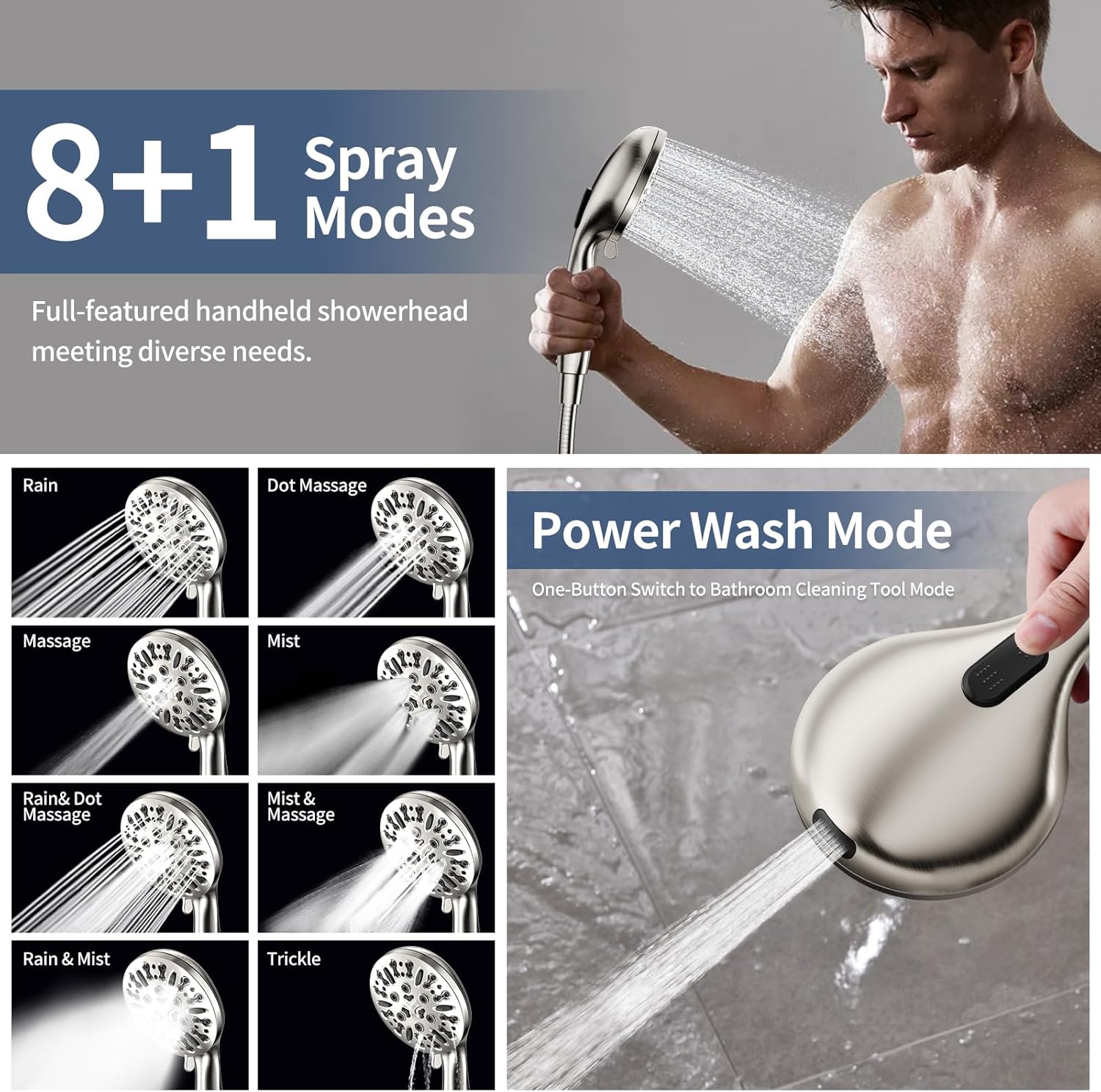 KAIYING Drill-Free High Pressure Handheld Shower Head with ON/OFF Pause Switch(Brushed Nickel) & KAIYING Double Rainfall Shower Head (Brushed Nickel)