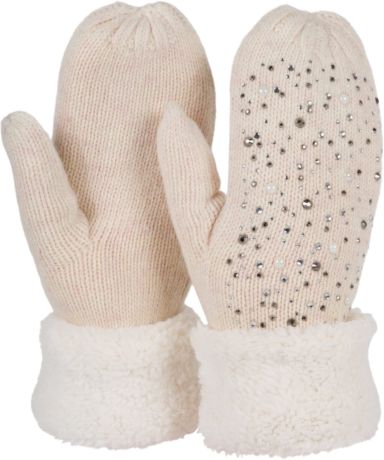 Stylebreaker Women's Beige Warm Winter Knitted Mittens With Rhinestones And Pearls, Gloves, Thermo Fleece, Knitted Gloves 09010039, Colour: