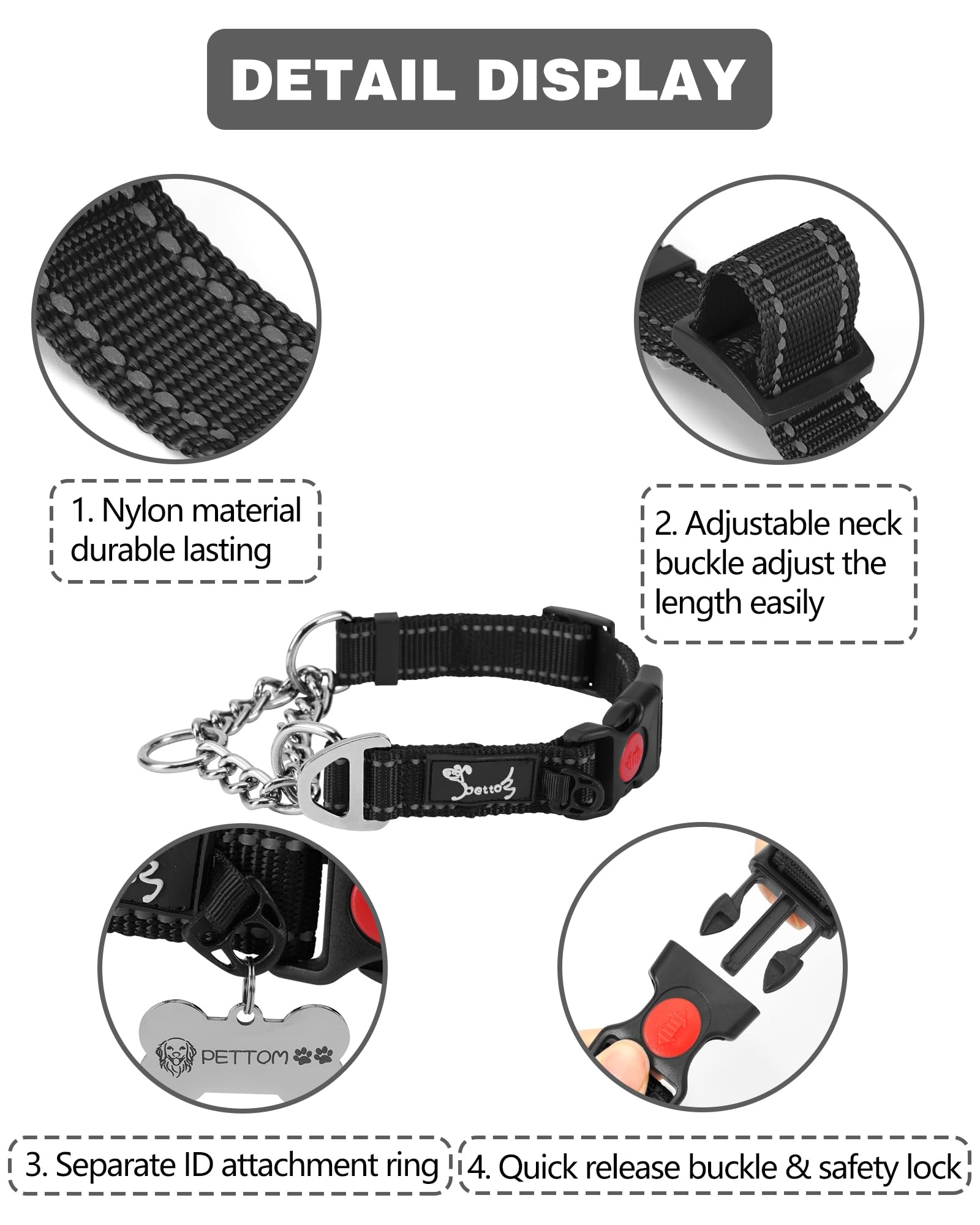 PETTOM Collare Semistrozzo per Cani Cane Addestramento Collari con Catena Regolabile Riflettente Anello di Metallo Nylon Imbottito Fibbia di Sicurezza Martingale Collare per Camminare Allenarsi Nero