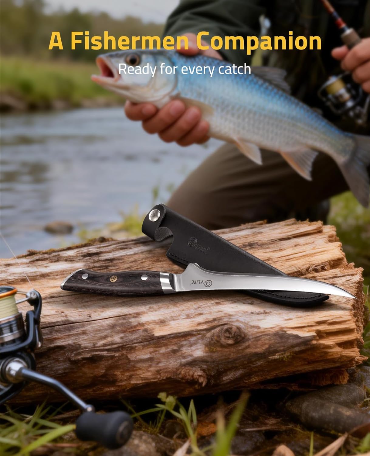 CVLIFE Fillet Knife with Leather Sheath, 7.2" Razor Sharp 10Cr15Mov Steel Blade, Ergonomic Pakkawood Handle for Fish, Meat & Poultry Filleting, Ideal for Fishing Boning, Kitchen & Daily Use