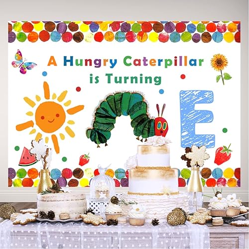 Miniatura 5 de Lofaris A Hungry Caterpillar is Turning One Happy Birthday - Telón de fondo de fiesta de cumpleaños con diseño de oruga de dibujos animados, diseño