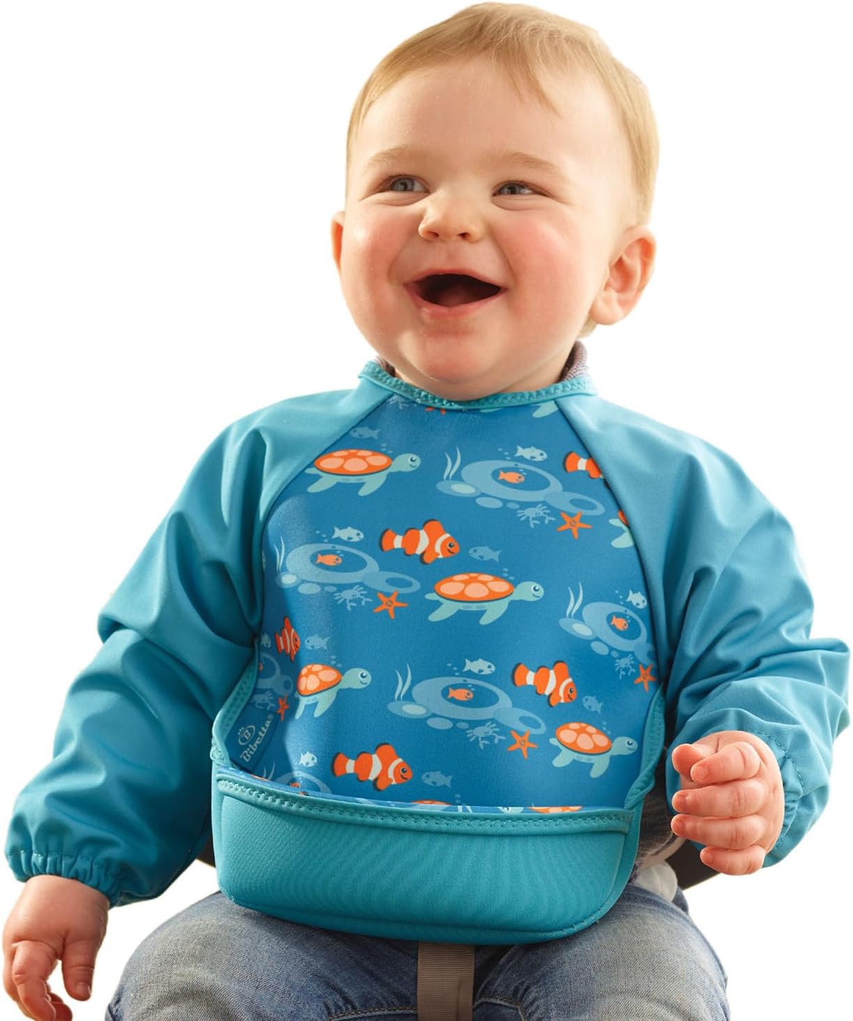 Ultrabib - Weaning bib with sleeves - Premium Neoprene for Comfort - Waterproof Baby bibs with Crumb Catcher Pocket for Feeding Toddler & Babies - Roll Up and Machine Washable (Tropical Fish)