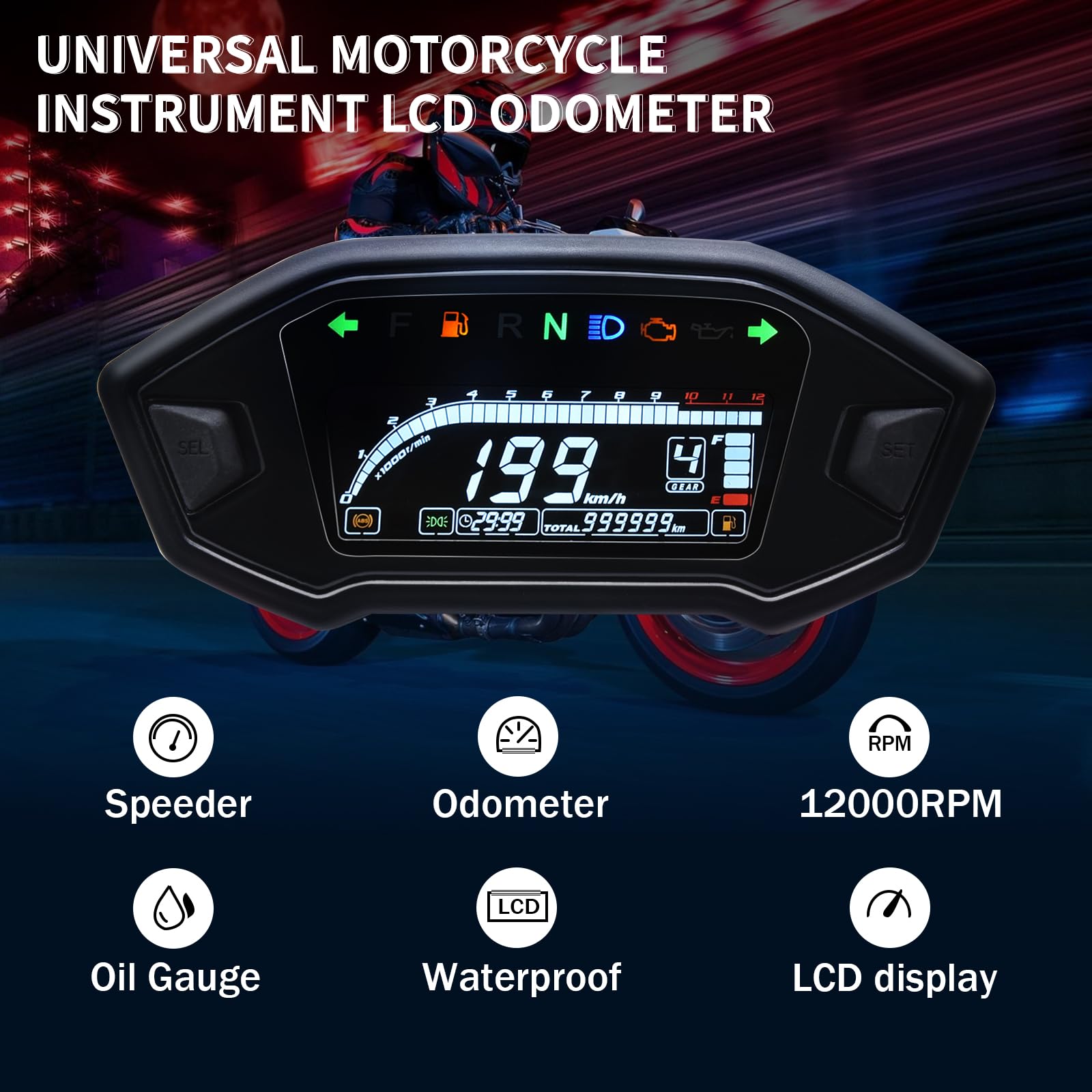 Geloo 12000 tr/min Tachymètre Universel Moto LCD Numérique Rétroéclairage Compteur de Vitesse Numérique Kilométrique Gauge 0–199 km/h Pour 1,2,4 cylindres
