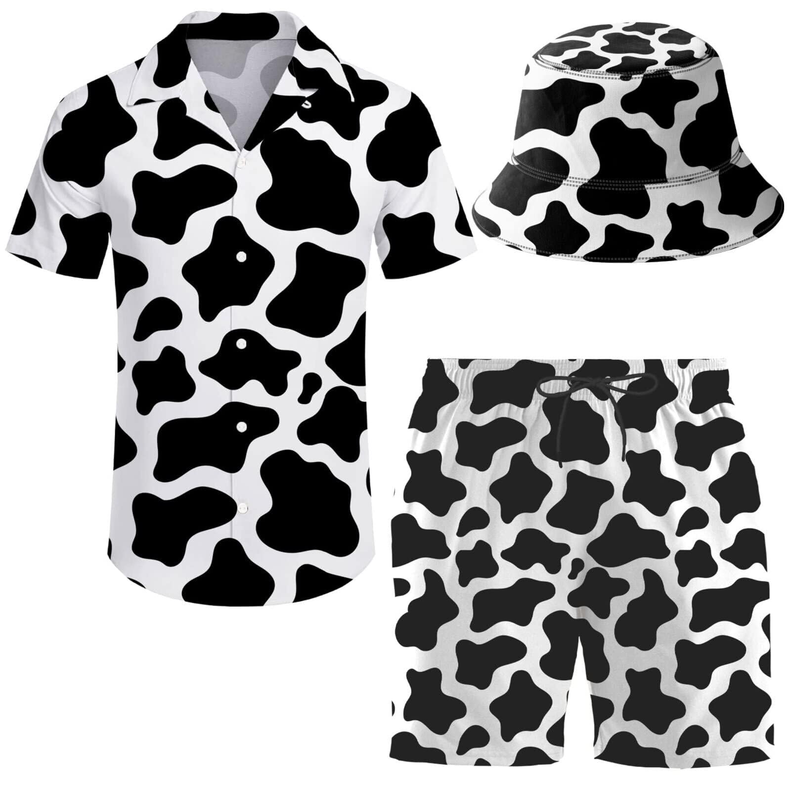 ifamawlea Men's 2 Piece Tracksuit Hawaiian Shirt Shorts Button Down Shirt and Shorts Sets with Bucket Hats, Cows, Large