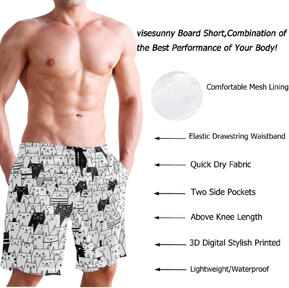 visesunny Hawaiian Men's Summer Beach Shorts Swim Trunks Sports Running Bathing Suits with Mesh Lining