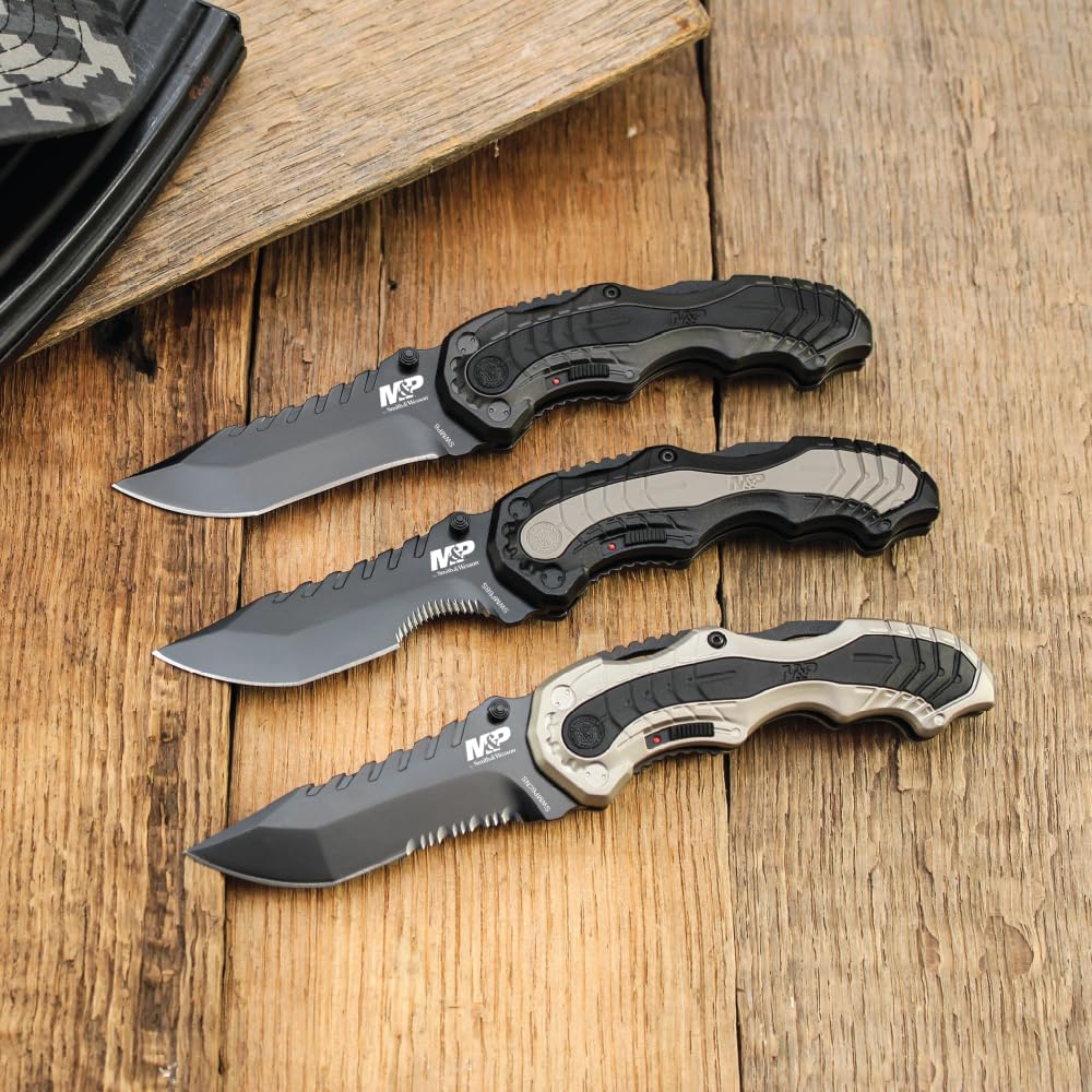 Smith & Wesson SWMP6 7.7in High Carbon S.S. Assisted Folding Knife with 3.4in Clip Point Blade and Aluminum Handle for Outdoor, Tactical, Survival and EDC,Gray