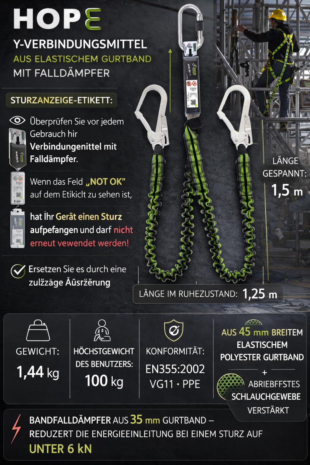 KRATOS SAFETY - Longe Fourche en Sangle élastique 1,50 m avec absorbeur d'énergie et mousquetons FA5010117 et FA5020755-119-FA3080015