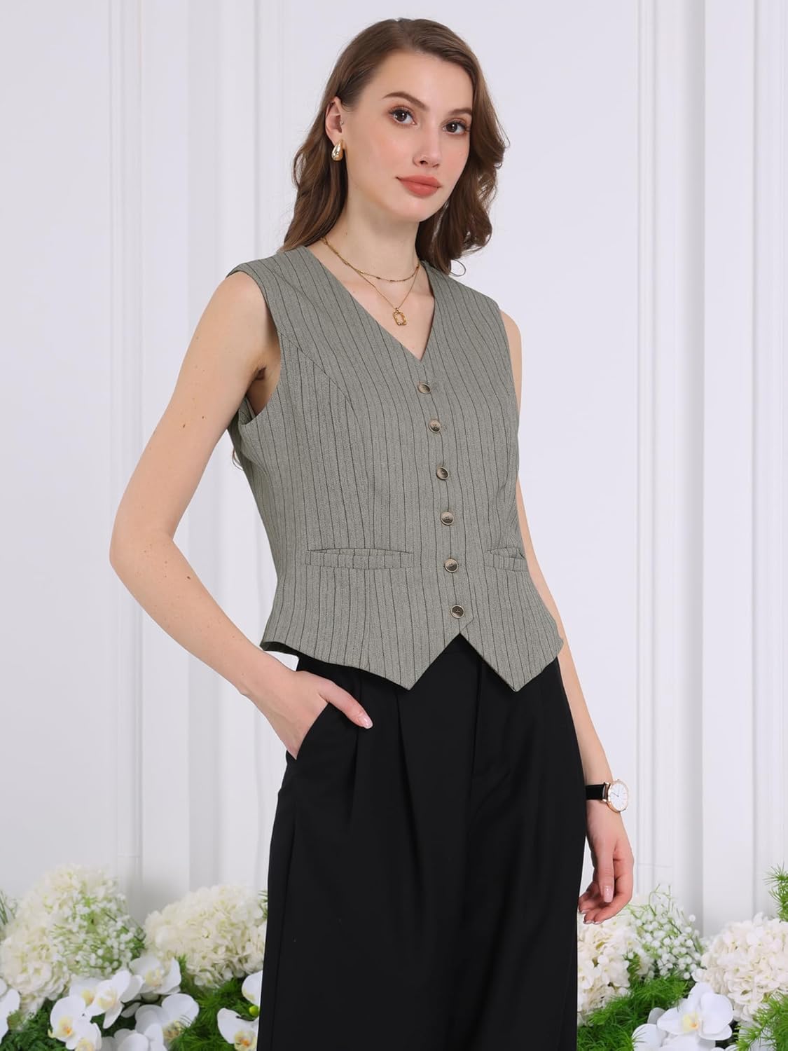 Women's Pinstripe Waistcoat Button Down Vintage Striped Vest - Image 2