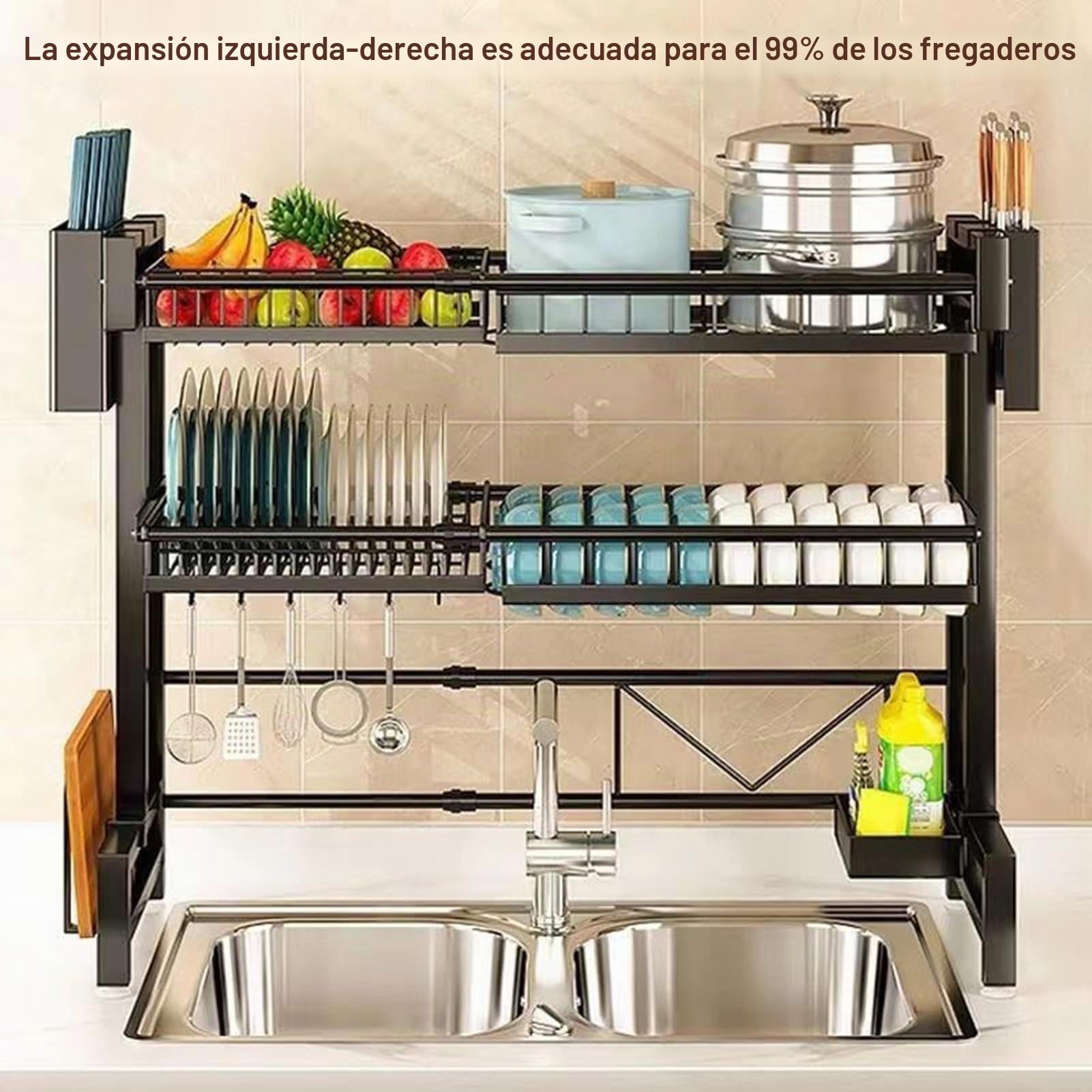 Saterkali Escurridor de platos grande sobre el fregadero, escurridor de platos de acero inoxidable de 2 niveles telescópico de gran capacidad, escurridor de platos para encimera de cocina, doble